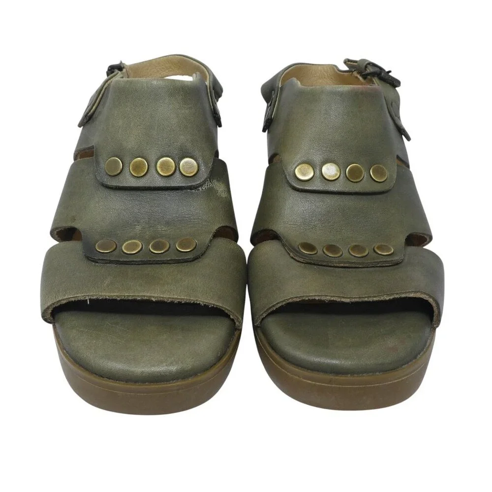 Bussola Massa Wedge‎ Sandals Womens 37 US 6-6.5 Green Leather Studded Slingback